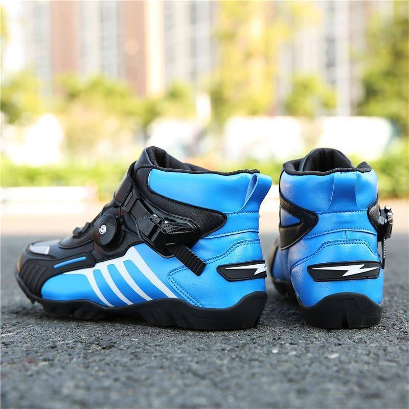 Close-up of side of all-season cycling boots for motorcycle, showing protective features