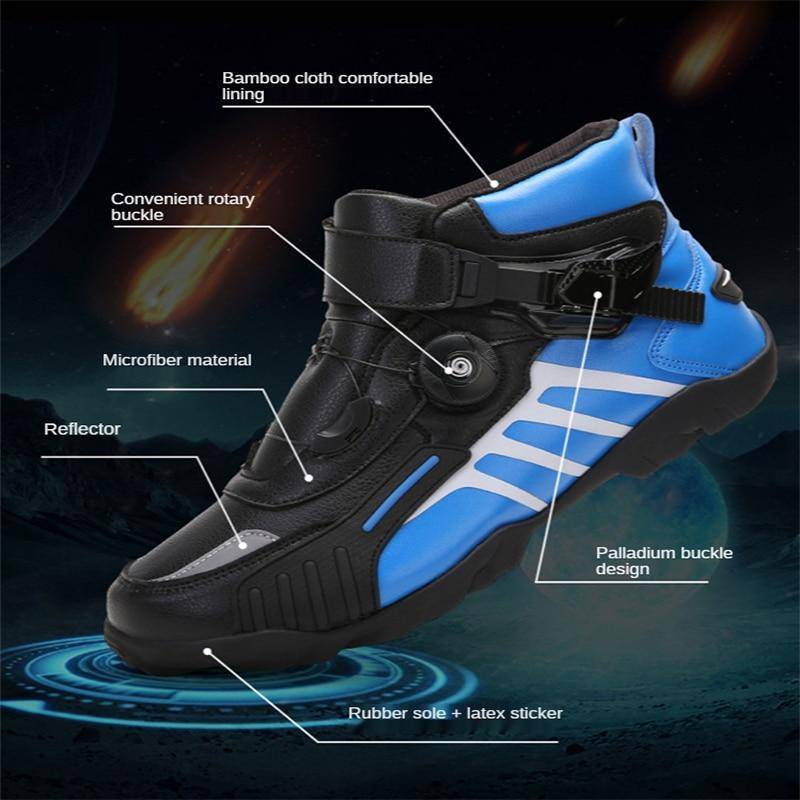 Pair of unisex off-road riding boots, ideal for motorcycle trips, waterproof design