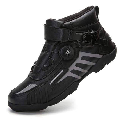 Detailed shot of waterproof motorcycle boots, showcasing sole and fastening, unisex design