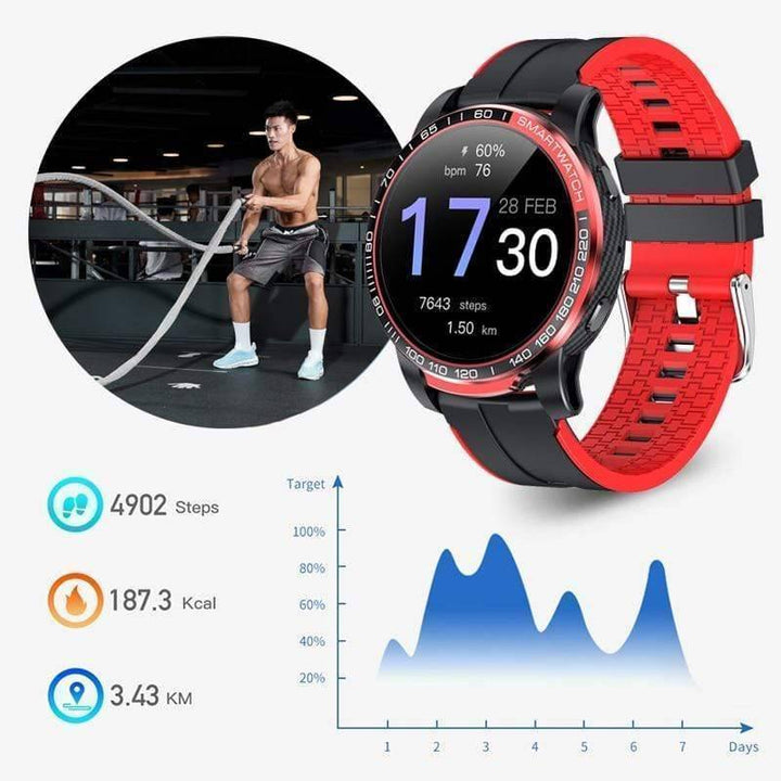 Unisex waterproof outdoor smartwatch with heart rate monitor, black band, showing time.