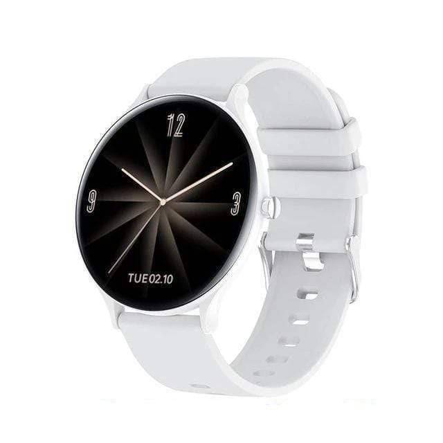 Durable fitness watch, unisex, waterproof, displaying steps & heart rate on outdoor trail.