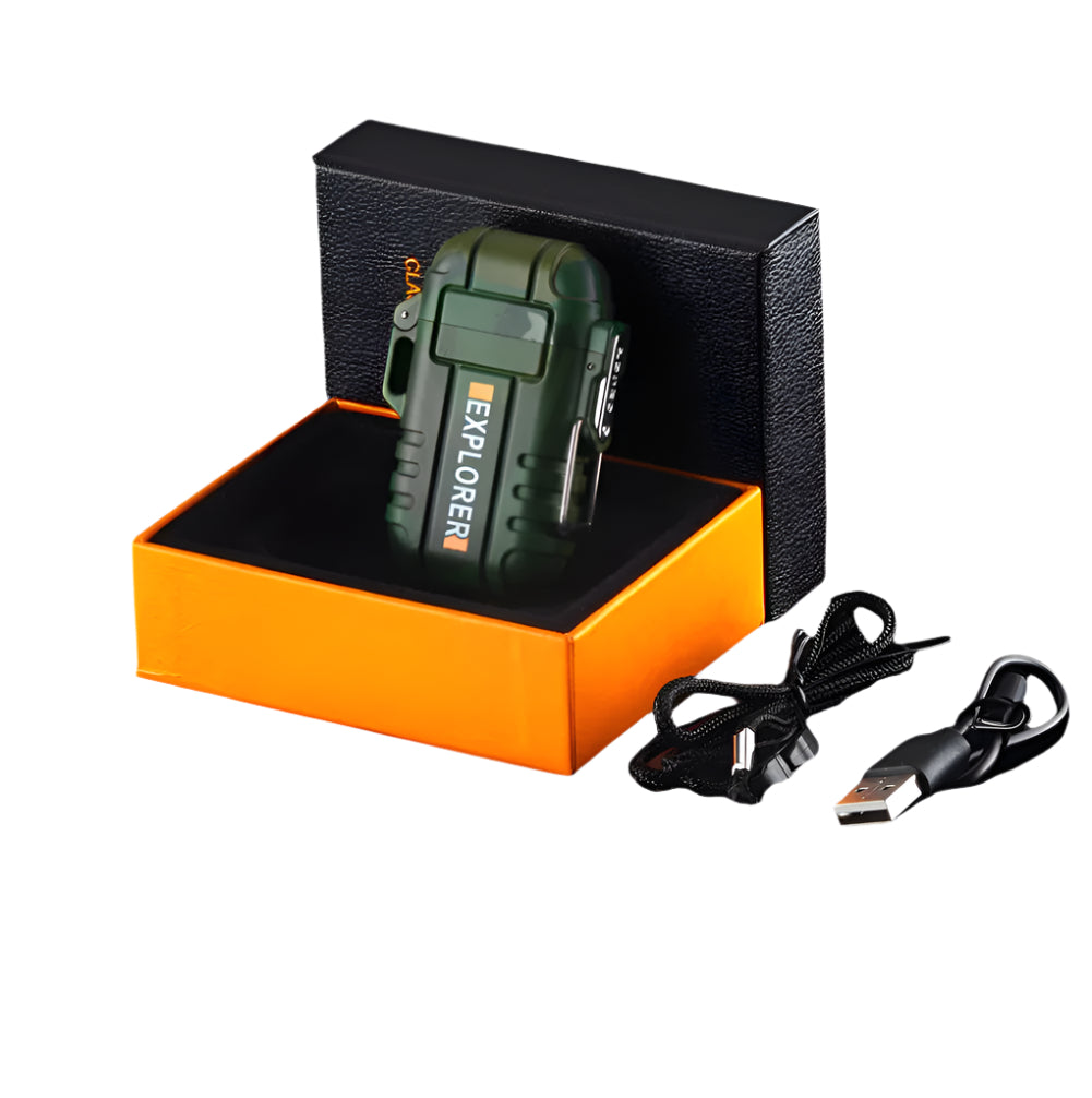 Unisex waterproof plasma arc lighter, USB rechargeable, ideal for camping and survival fire starting.