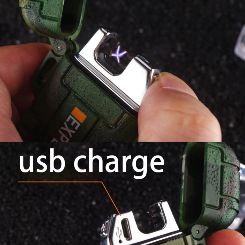 Durable camping lighter, waterproof plasma arc technology, essential survival gear for any trek.