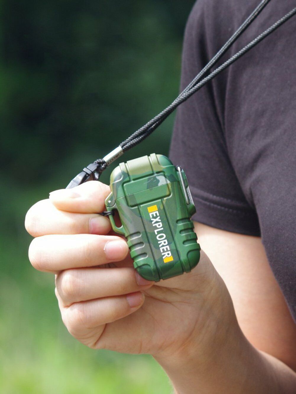 Sleek black waterproof plasma lighter, USB rechargeable, great for all-weather fire starting.