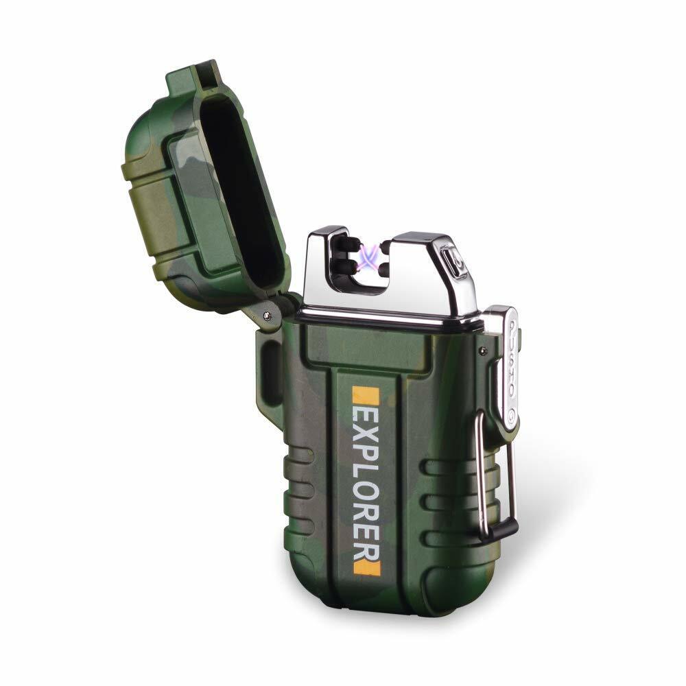 Heavy-duty waterproof plasma arc lighter, rechargeable, designed for rugged camping and survival.