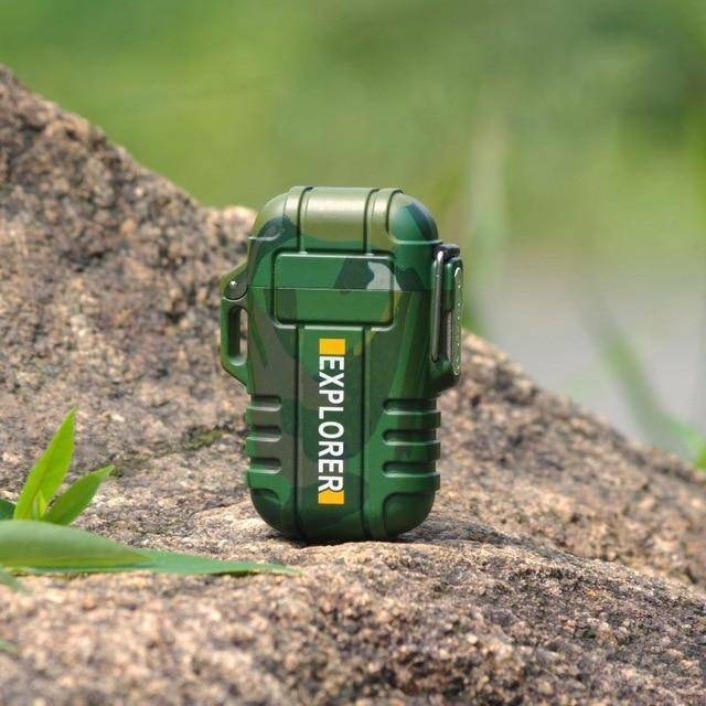 Hand holding a black waterproof USB rechargeable plasma lighter, ready for outdoor action