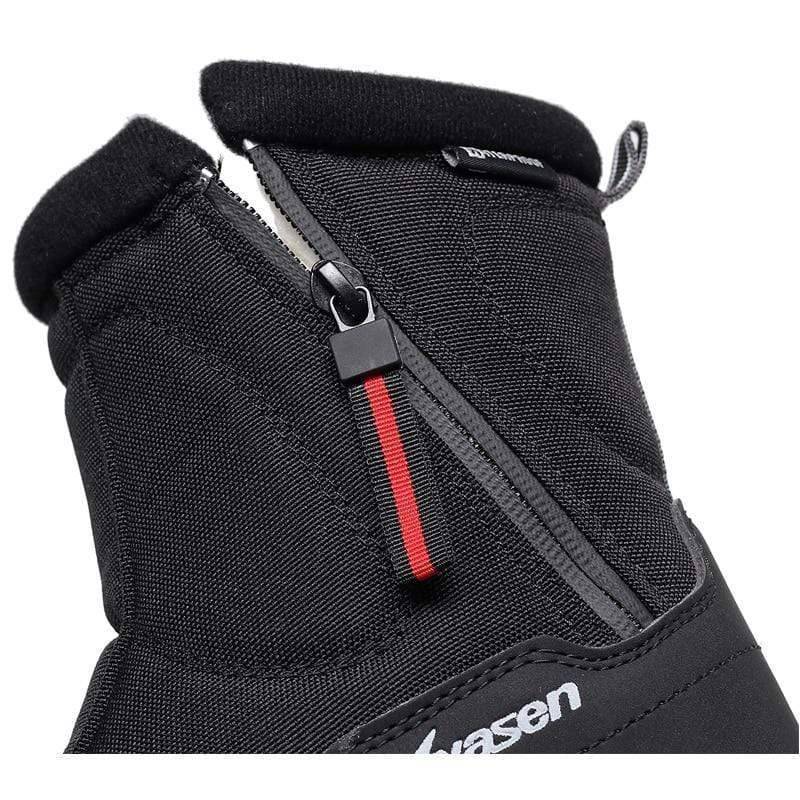 Detail of the durable waterproof material on unisex cold weather snow boots.
