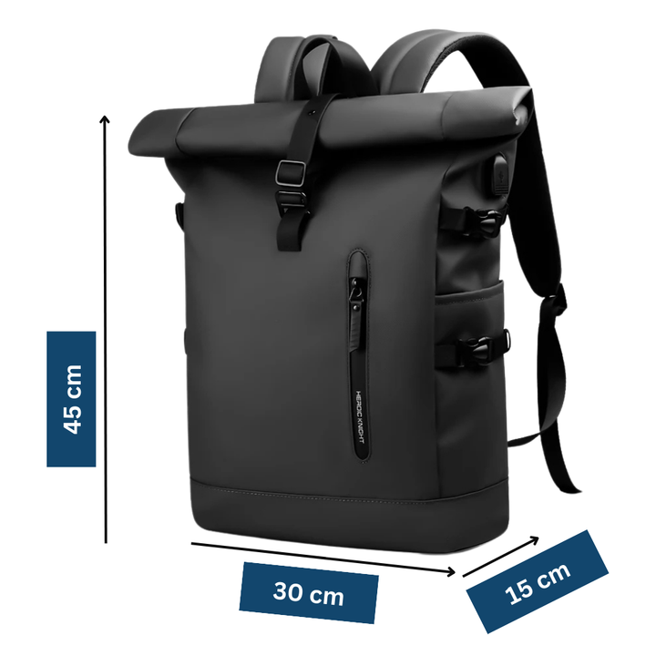 Rolltop backpack on model, demonstrating unisex fit