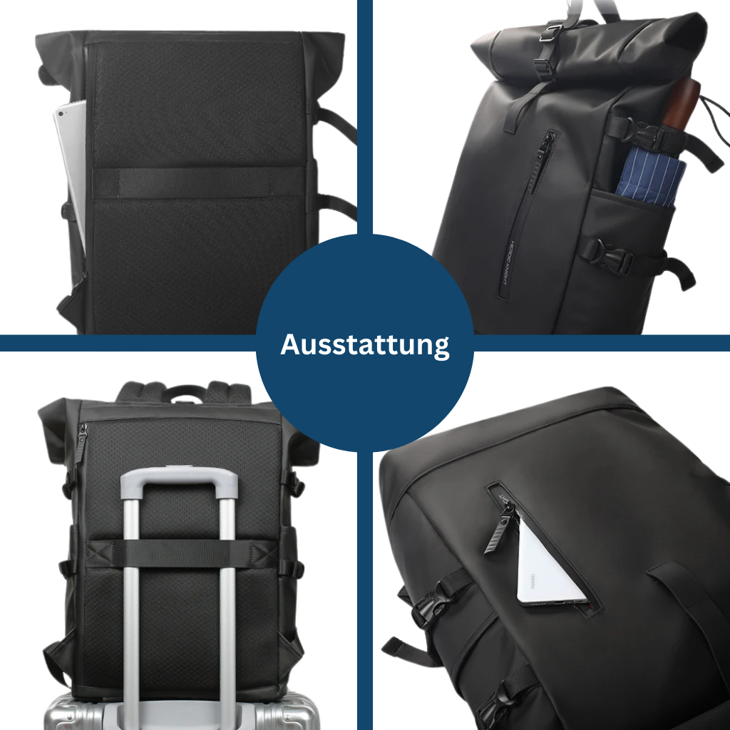 Sleek black waterproof rolltop backpack, perfect for outdoor use