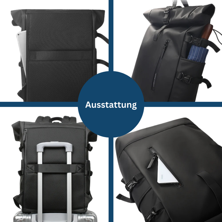 Sleek black waterproof rolltop backpack, perfect for outdoor use