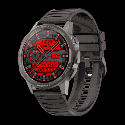 Closeup of a black unisex smartwatch, displaying health metrics and fitness tracker on a vivid screen.