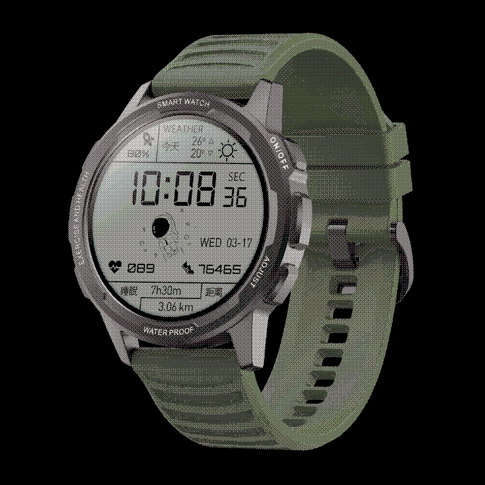 Side view of a waterproof sports smartwatch for outdoor activities, featuring a durable silicone band.
