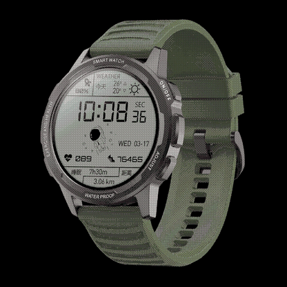 Side view of a waterproof sports smartwatch for outdoor activities, featuring a durable silicone band.