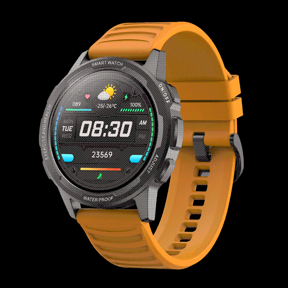 Waterproof smartwatch for men and women, with heart rate monitor, fitness tracker, and rugged design.