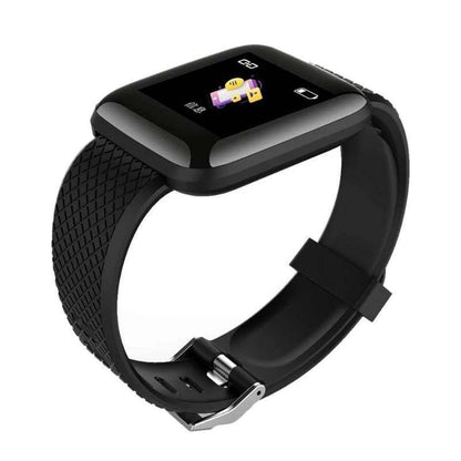 Close-up of a black unisex health bracelet smartwatch, waterproof for sports and fitness.