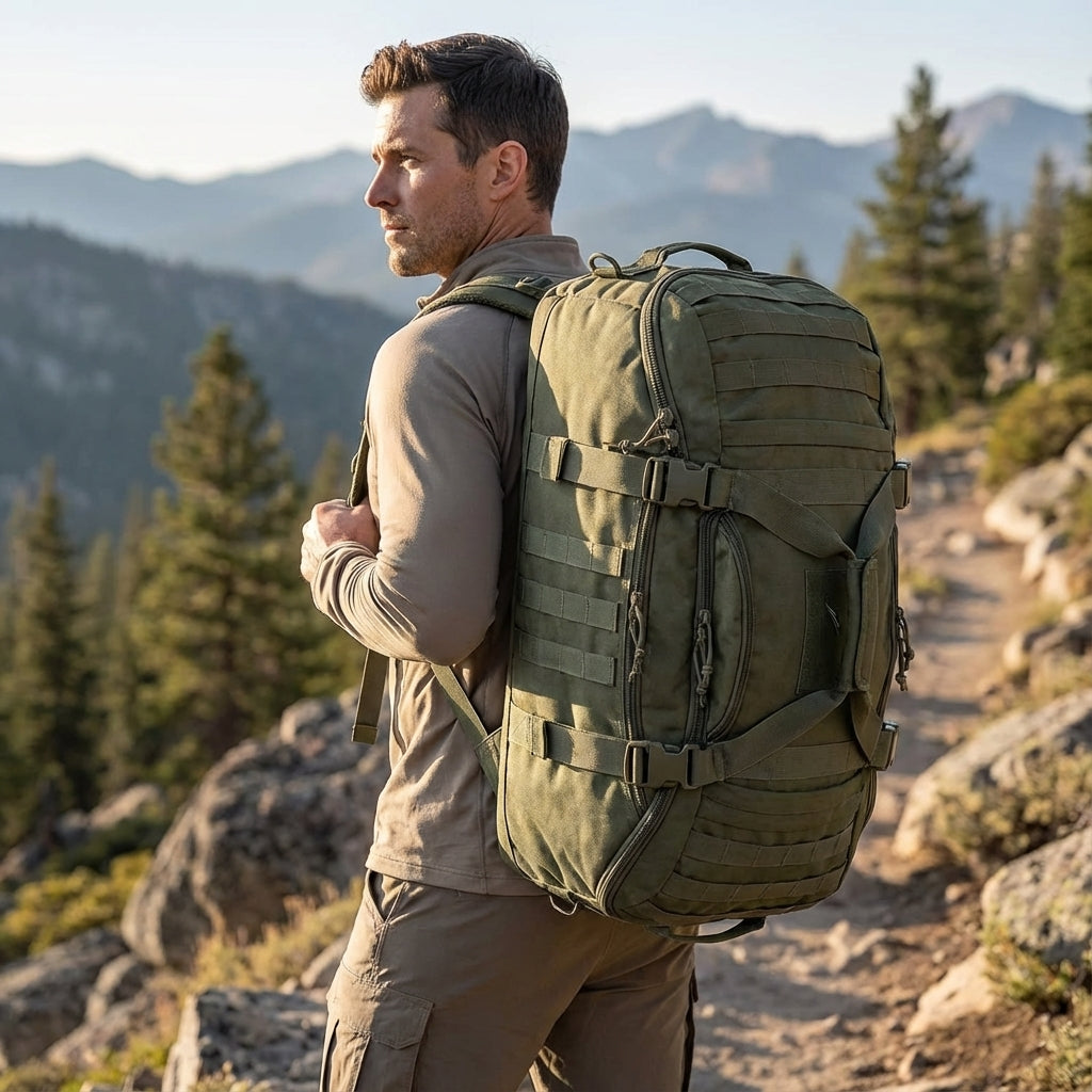 Unisex waterproof tactical duffel bag, rugged design for travel & gym adventures.