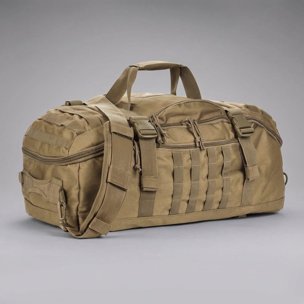 Heavy-duty nylon waterproof duffel bag, ideal tactical travel & gym luggage.
