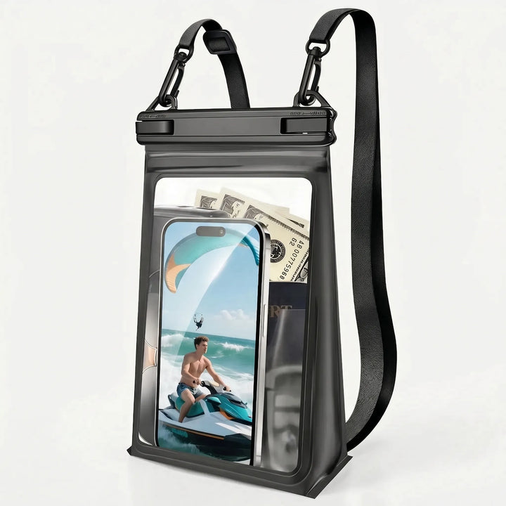 Secure unisex waterproof phone holder & essentials dry bag. Keep gadgets safe during travel & outdoor activities.