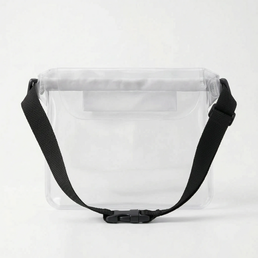 Secure waterproof waist pack for water sports & swimming. See contents at a glance, protects valuables.
