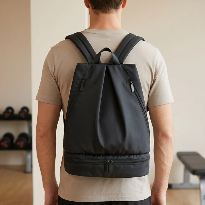 Unisex waterproof travel backpack with separate wet dry pocket for gym, hiking, and outdoor adventures.