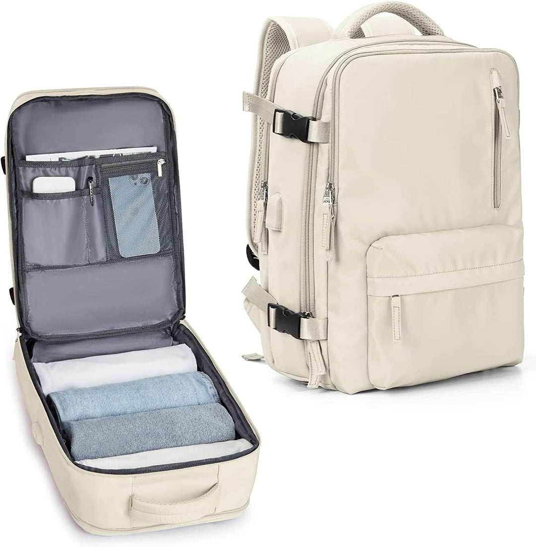 Unisex waterproof travel backpack with shoe compartment, USB port, and 14" laptop sleeve for versatile use.