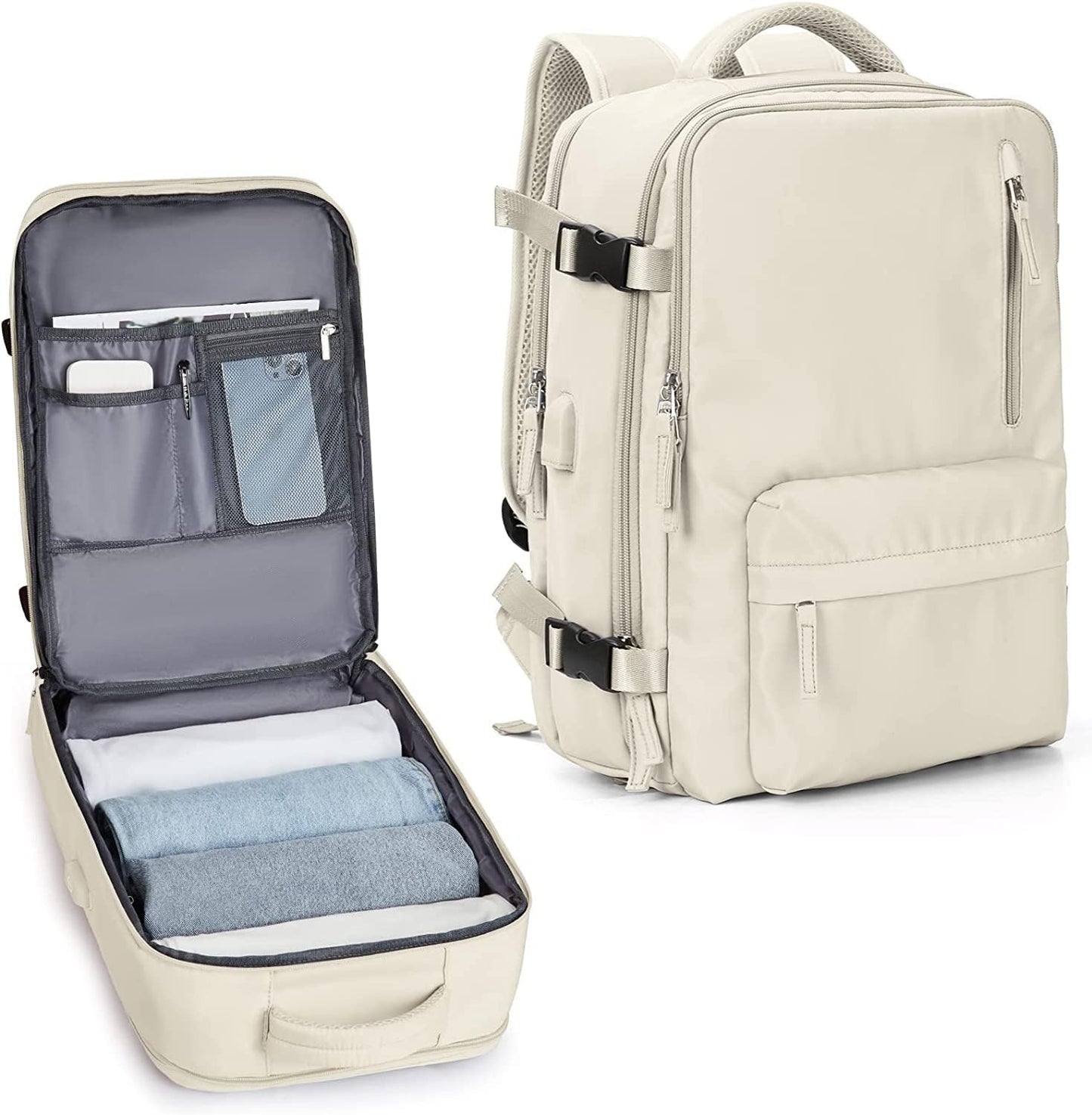 Unisex waterproof travel backpack with shoe compartment, USB port, and 14" laptop sleeve for versatile use.