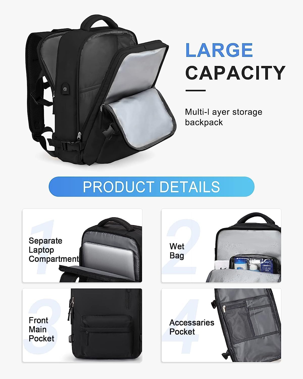 Versatile waterproof backpack showing large main compartment & specific shoe storage for travelers.