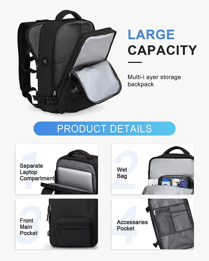 Versatile waterproof backpack showing large main compartment & specific shoe storage for travelers.