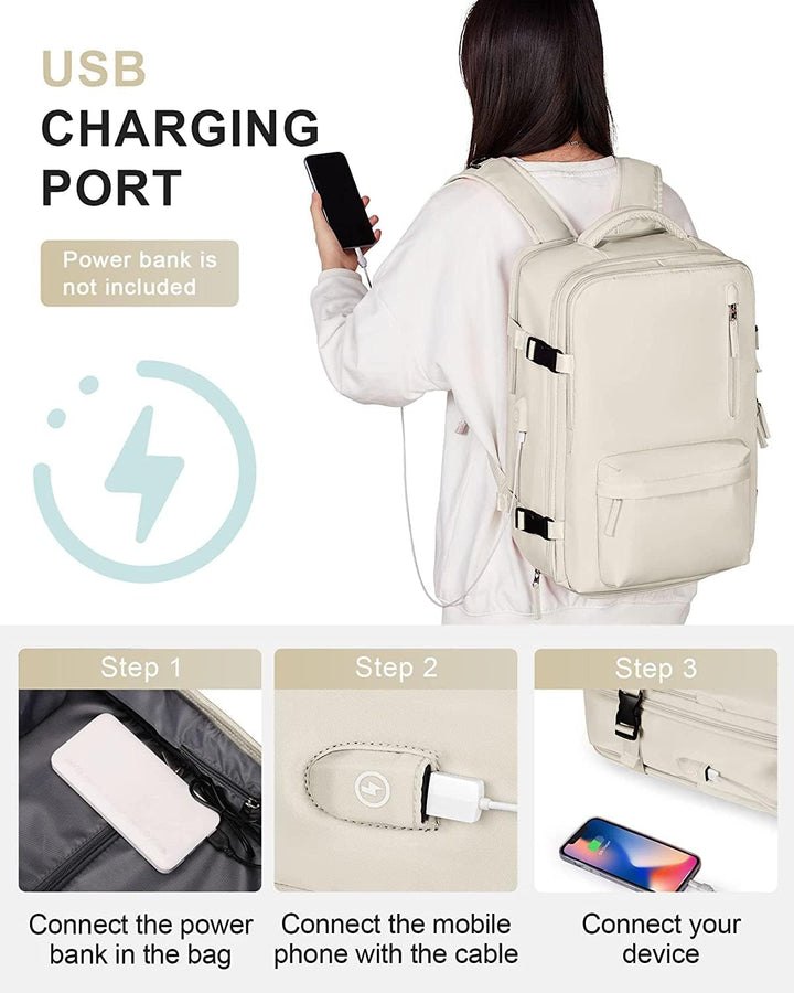 Unisex weekend travel backpack, comfortable straps, with shoe compartment and easy USB port access.