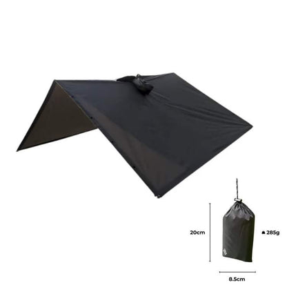 Trekking poncho with a backpack worn underneath, illustrating its compatibility for hiking and camping.