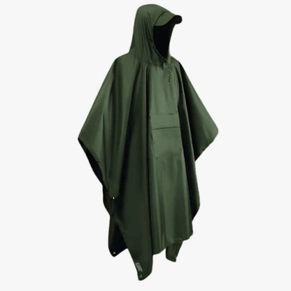 Poncho in motion, capturing its lightweight and flexible nature for active outdoor activities.