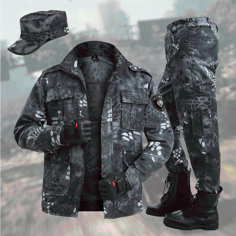 Tactical unisex fishing apparel set made from durable polyester blend, offering waterproof and windproof protection.