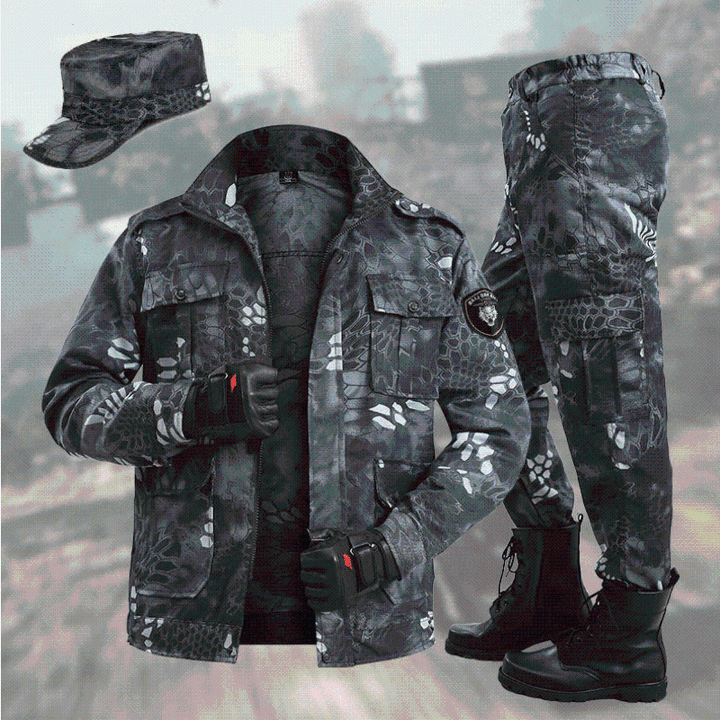 Tactical unisex fishing apparel set made from durable polyester blend, offering waterproof and windproof protection.