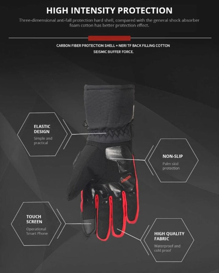 Heavy-duty waterproof winter motorcycle gloves for cold weather. Warm, protective, and durable riding essentials.