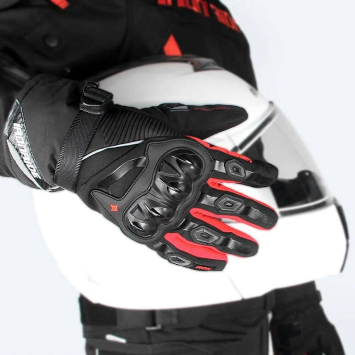 Black waterproof motorcycle gloves for winter. Durable riding gear for cold weather, offering warmth & protection.
