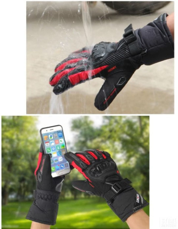 Warm, waterproof motorcycle gloves designed for winter. Unisex protective gear for severe cold weather riding.