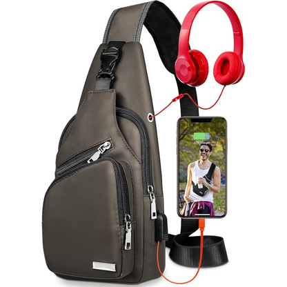 WaveSling crossbody sling bag comfortably worn on chest or back for hands-free carrying.