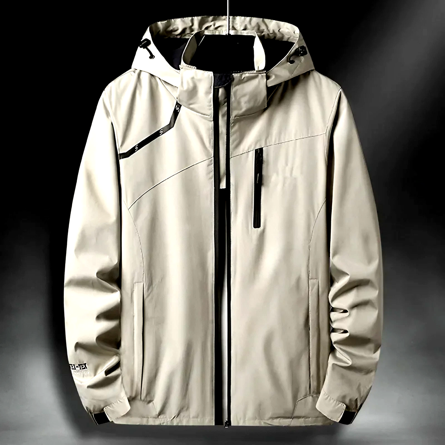 Unisex weatherproof technical jacket with hood, waterproof, windproof & breathable for outdoor activities.