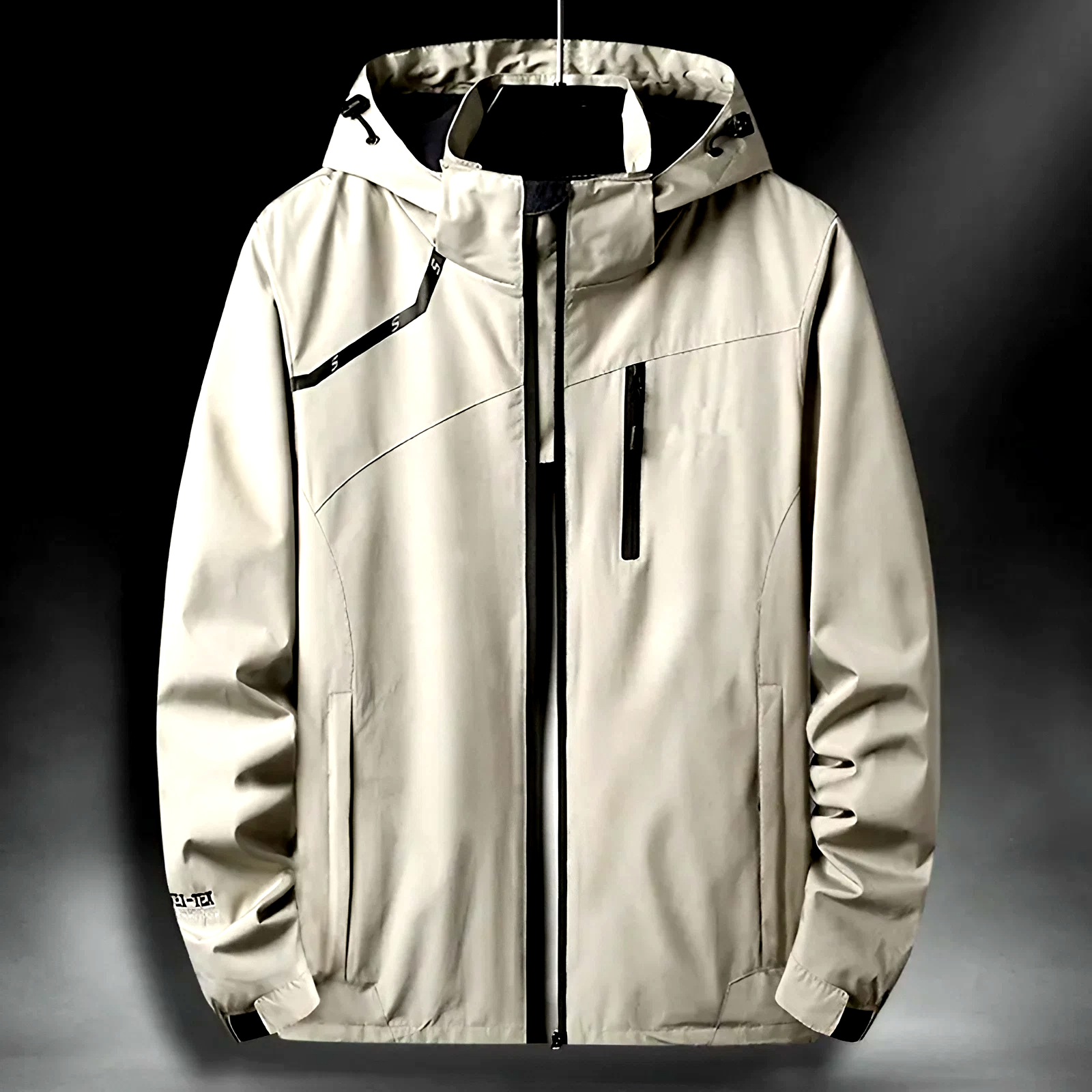 Unisex weatherproof technical jacket with hood, waterproof, windproof & breathable for outdoor activities.