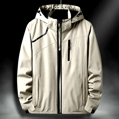 Unisex weatherproof technical jacket with hood, waterproof, windproof & breathable for outdoor activities.