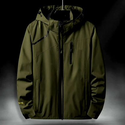 Durable technical hooded jacket, waterproof, windproof & breathable, perfect for all weather conditions.