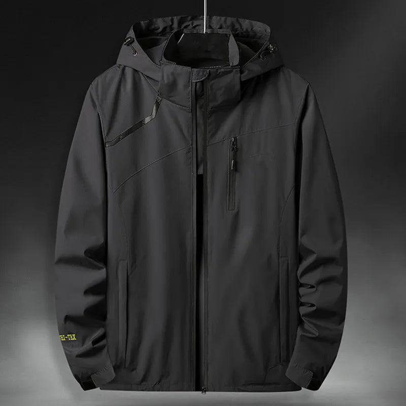 Unisex outdoor hooded jacket, weatherproof & breathable, ideal for hiking, camping & active sports.