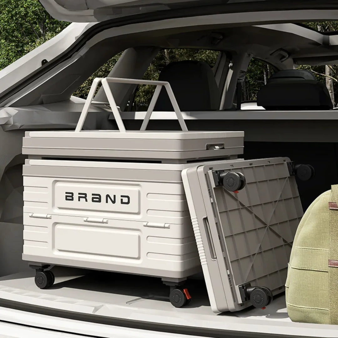 Camping essentials: large wheeled collapsible storage box with secure snap-on lid