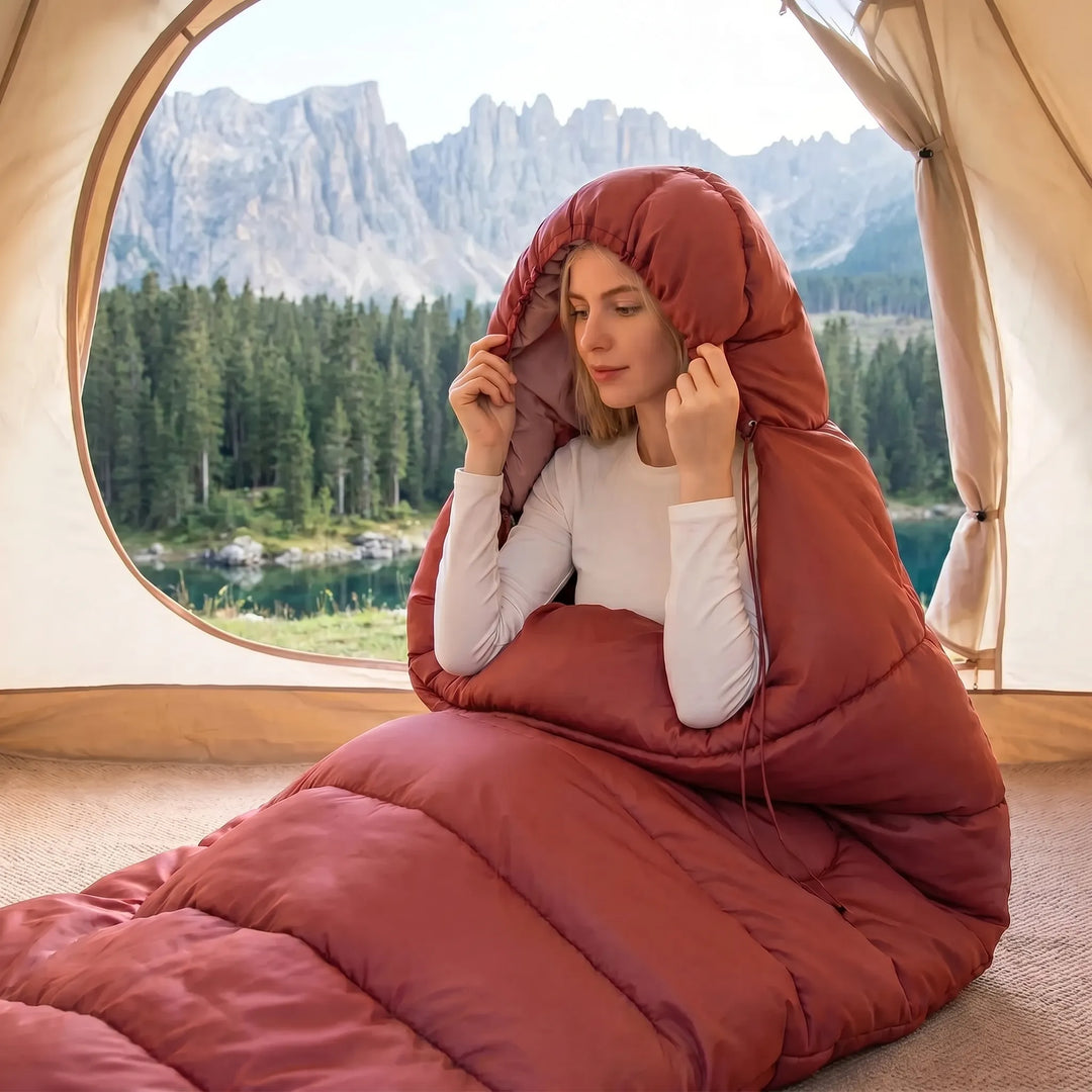 Durable, soft fabric of a unisex wide 3-season sleeping bag, offering comfort for adult camping adventures.