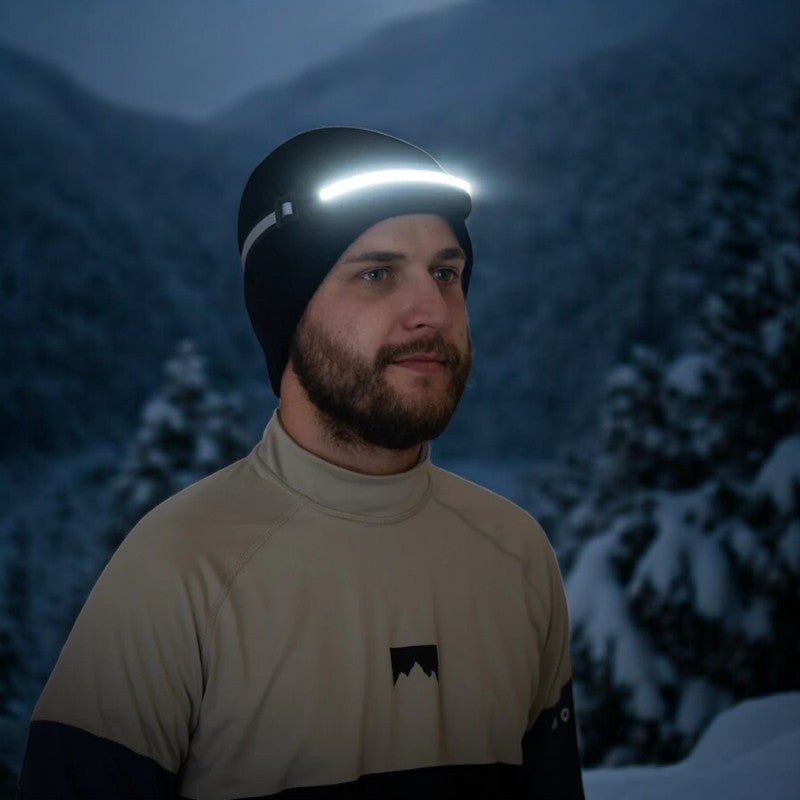 Compact USB rechargeable headlamp worn by hiker, ideal for outdoor adventures