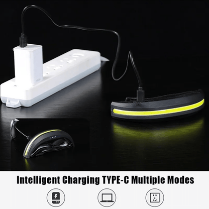 Detail of unisex headlamp's adjustable strap and USB charging port, durable outdoor gear