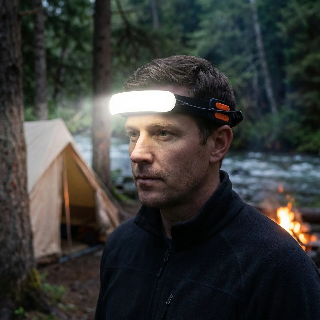 Unisex wide-beam COB LED headlamp, rechargeable for camping, hiking & outdoor activities, offering hands-free illumination.