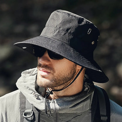 Unisex wide brim sun hat for outdoor comfort, offering essential UV protection.