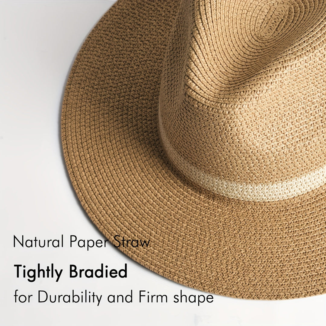 Woven paper fiber wide brim hat, chic and protective for sunny days.