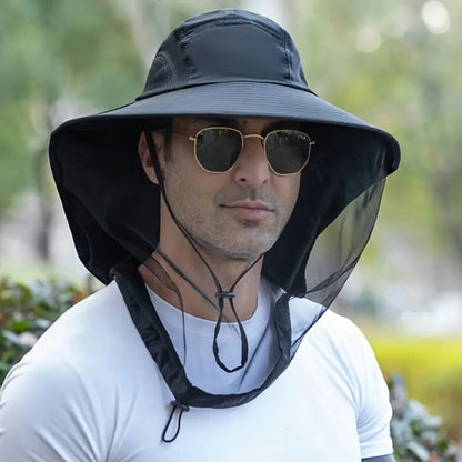 Unisex wide brim sun hat with mosquito net, face flap & neck protection for hiking, fishing, camping, UV safety.